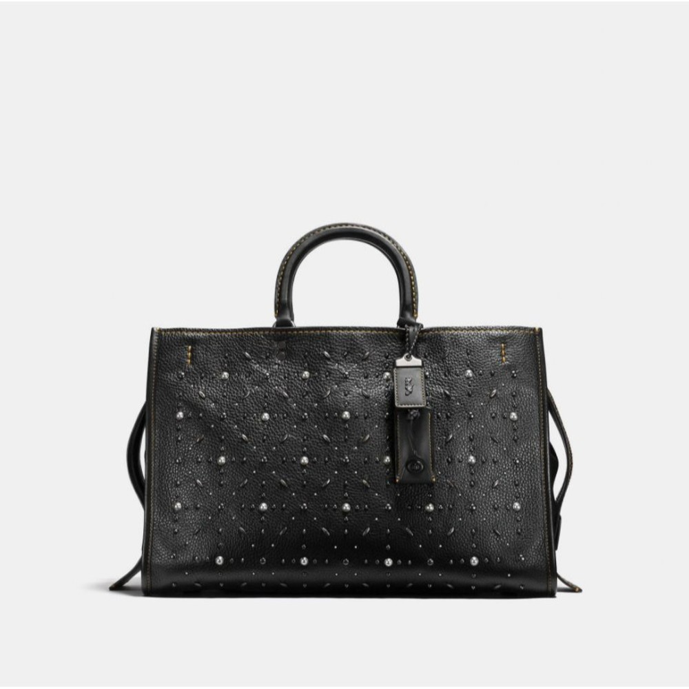 Coach 1941 Rogue 39 Prairie Rivet Black Handbag Satchel with Silver Details.